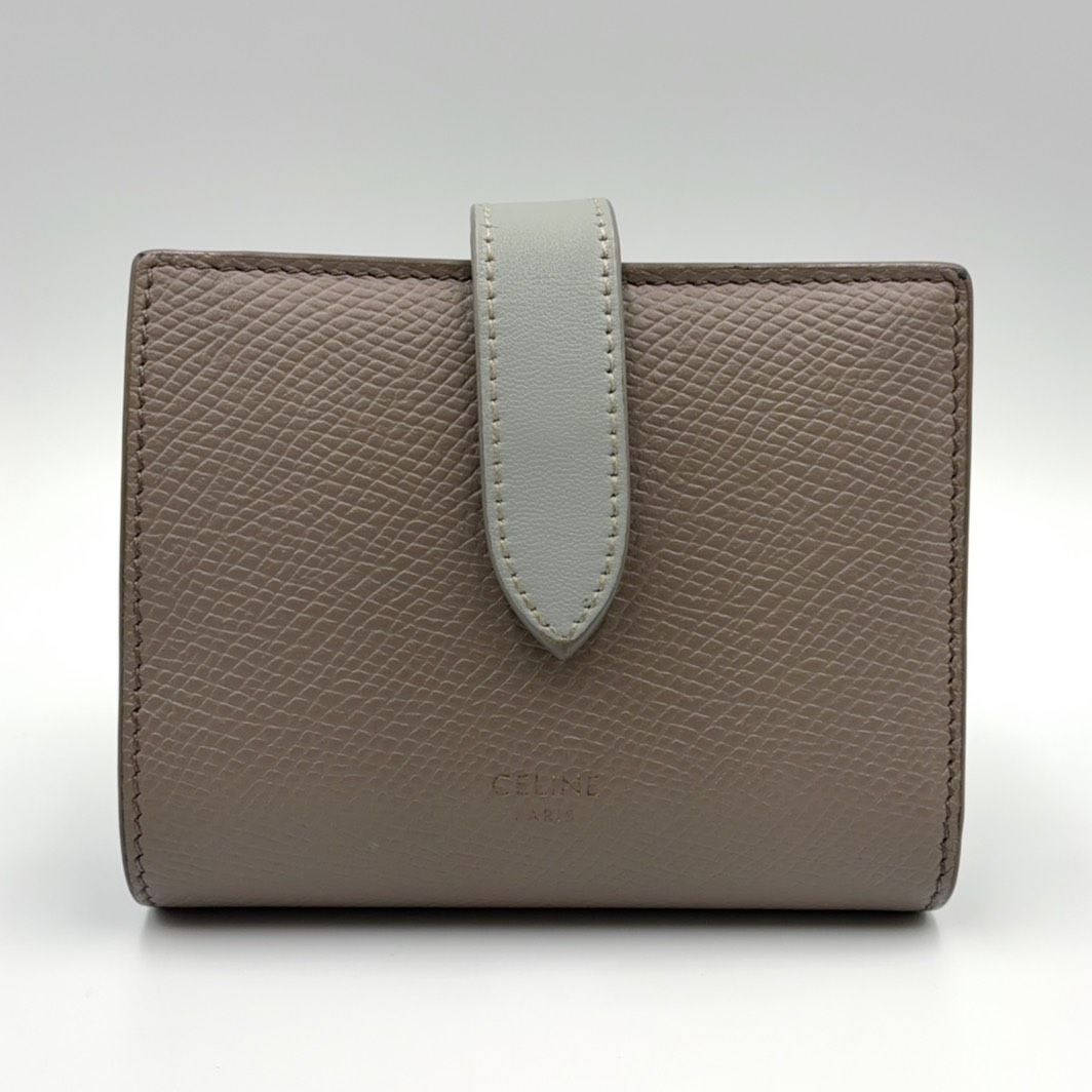 Celine Medium Strap Leather Light Gray Bifold Wallet Gold