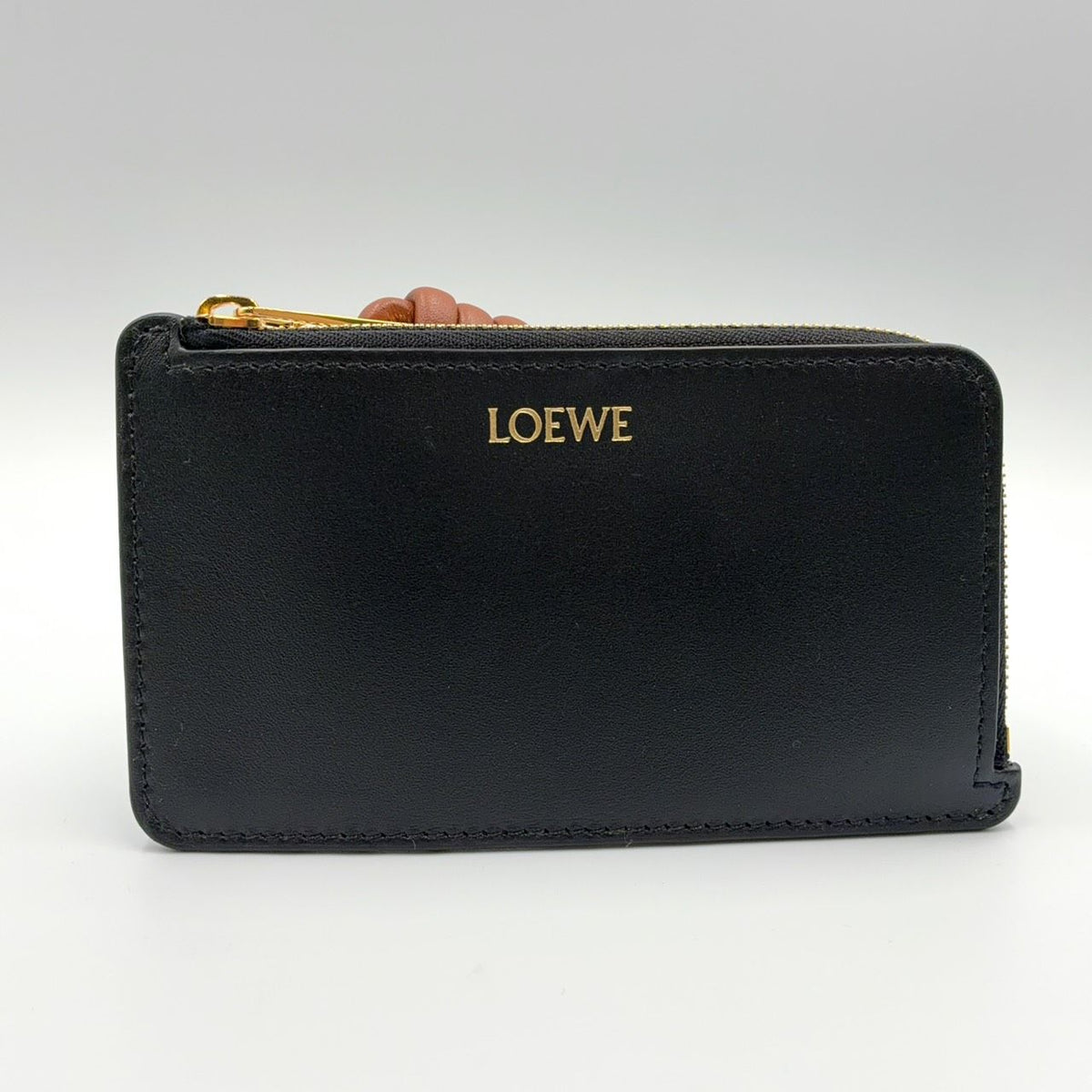 Loewe Pebble Coin Leather Brown Black Card Case Gold
