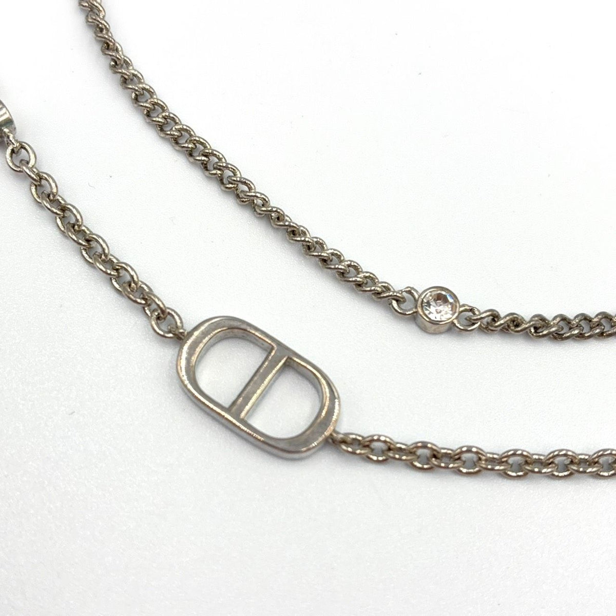 Dior Petit CD Double Metal Color Stone Clear Silver Necklace — view 2