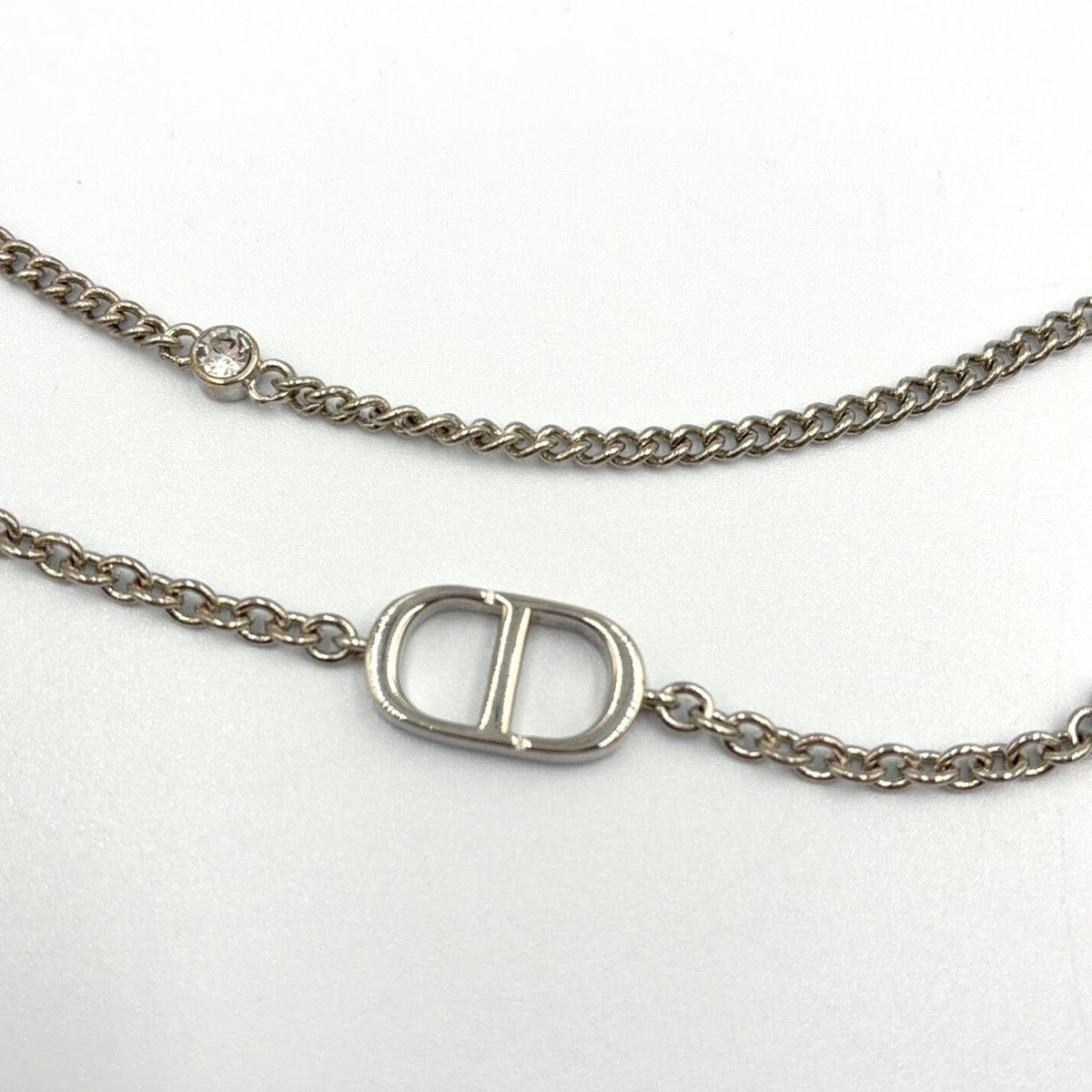 Dior Petit CD Double Metal Color Stone Clear Silver Necklace
