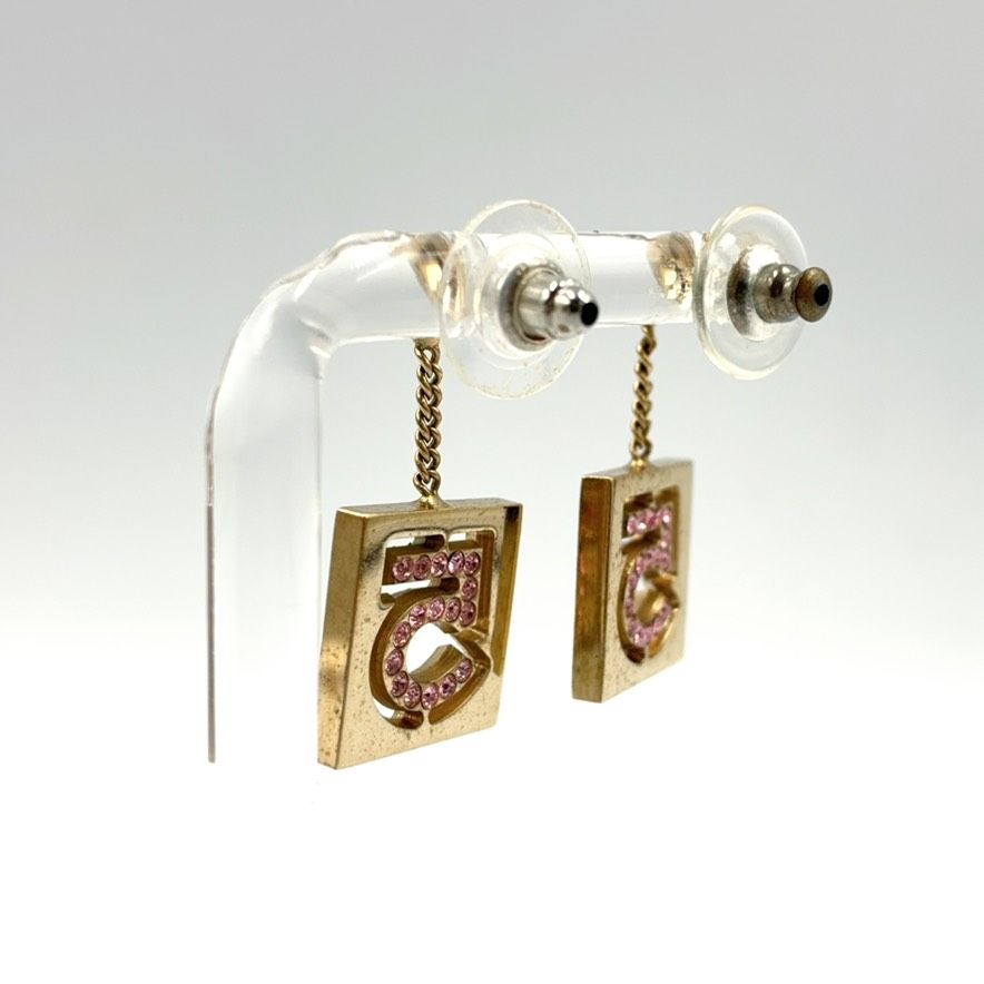 Chanel No 5 Rhinestone Square Gold Pink Earrings — view 2