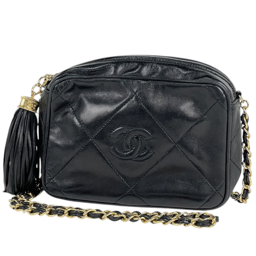 Chanel Shoulder Bag CC Logo Fringe Tassel Leather Black