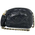 Chanel Shoulder Bag CC Logo Fringe Tassel Leather Black