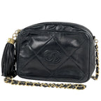 Chanel Shoulder Bag CC Logo Fringe Tassel Leather Black