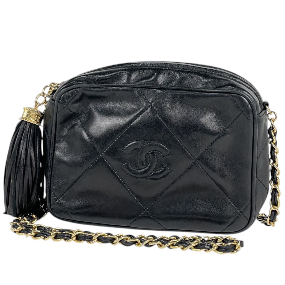 Chanel Shoulder Bag CC Logo Fringe Tassel Leather Black