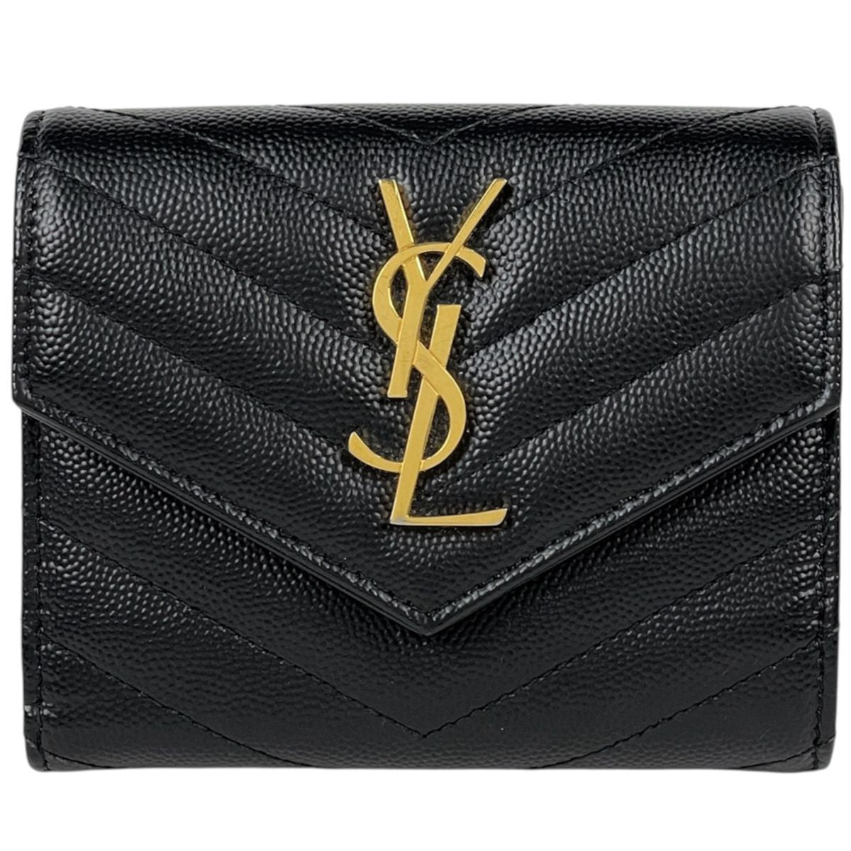 Saint Laurent Paris Trifold Wallet Compact Three Fold Cassandra Leather Black