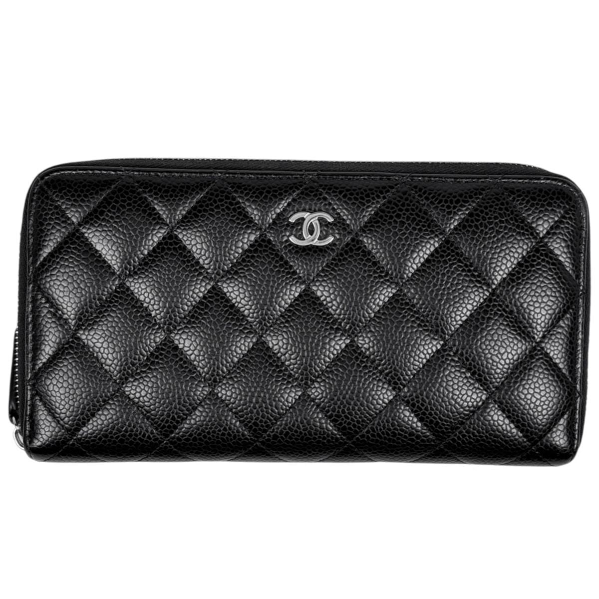 Chanel Wallet CC Logo Zip Around Caviar Leather Black