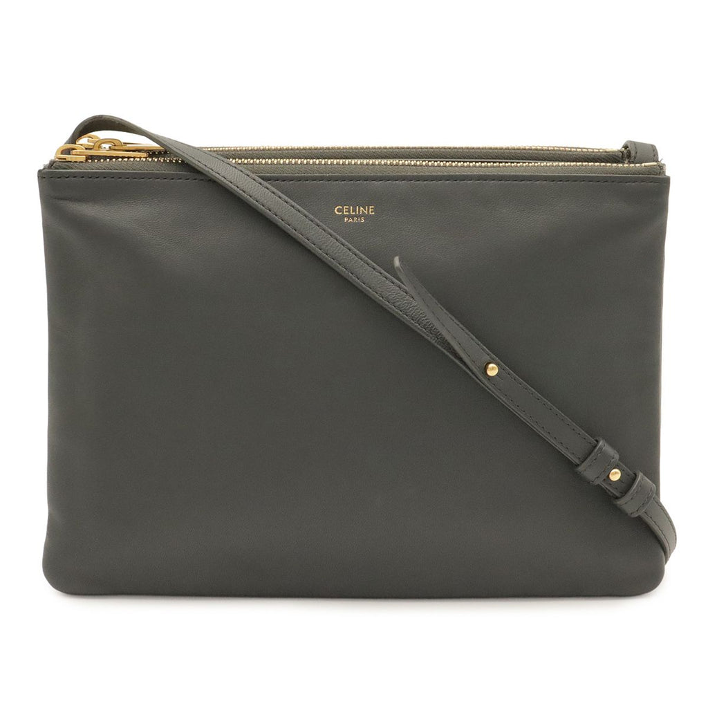 Celine Trio Large Shoulder Bag Pochette Crossbody Pouch Leather Gray Gold