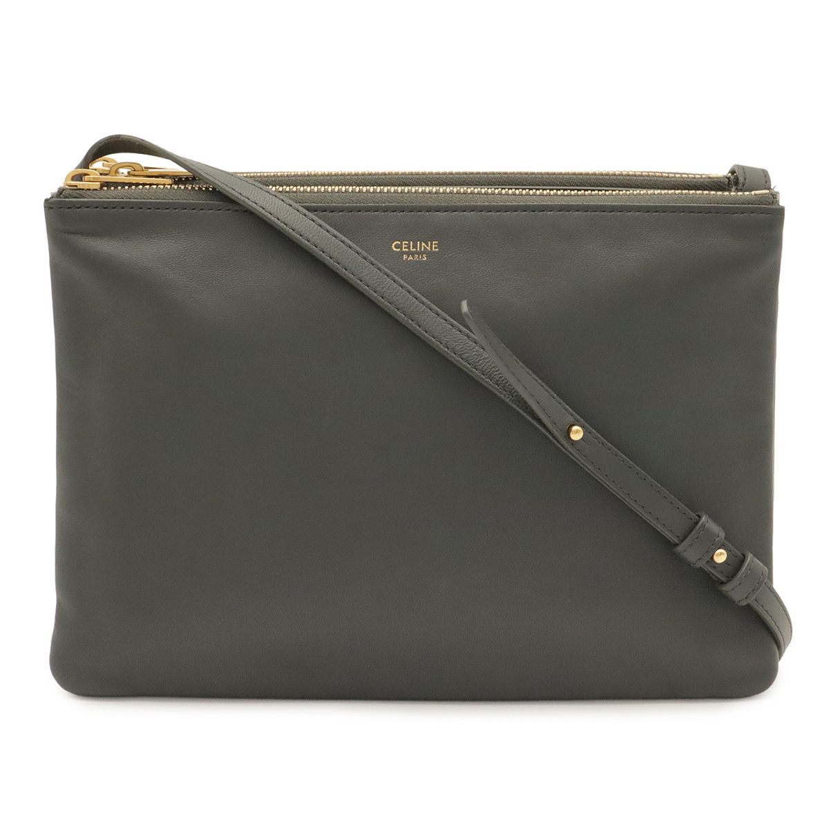 Celine Trio Large Shoulder Bag Pochette Crossbody Pouch Leather Gray Gold