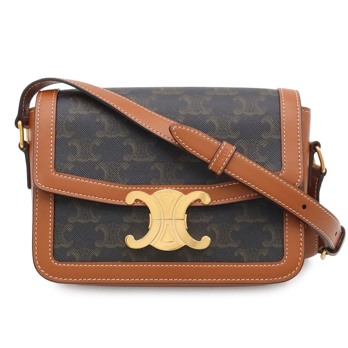 Celine Teen Triomphe Pochette Shoulder Bag Crossbody Canvas Calfskin Tan Brown