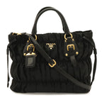 Prada Tessuto Gathered Tote 2-Way Shoulder Bag Crossbody Nylon Nero Black Gold