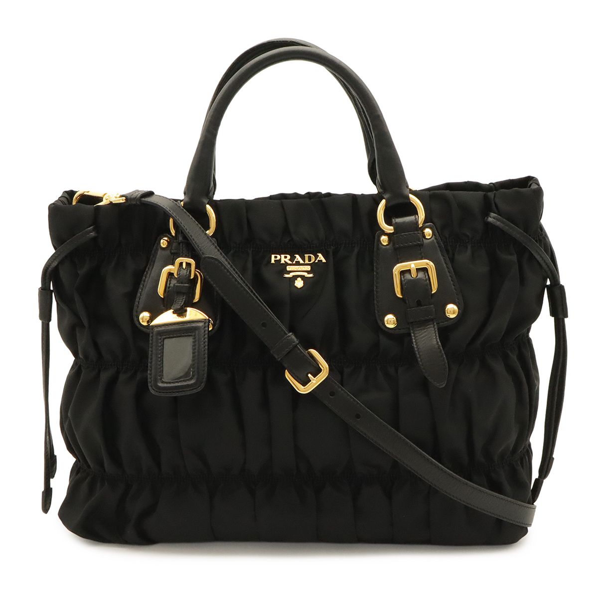 Prada Tessuto Gathered Tote 2-Way Shoulder Bag Crossbody Nylon Nero Black Gold