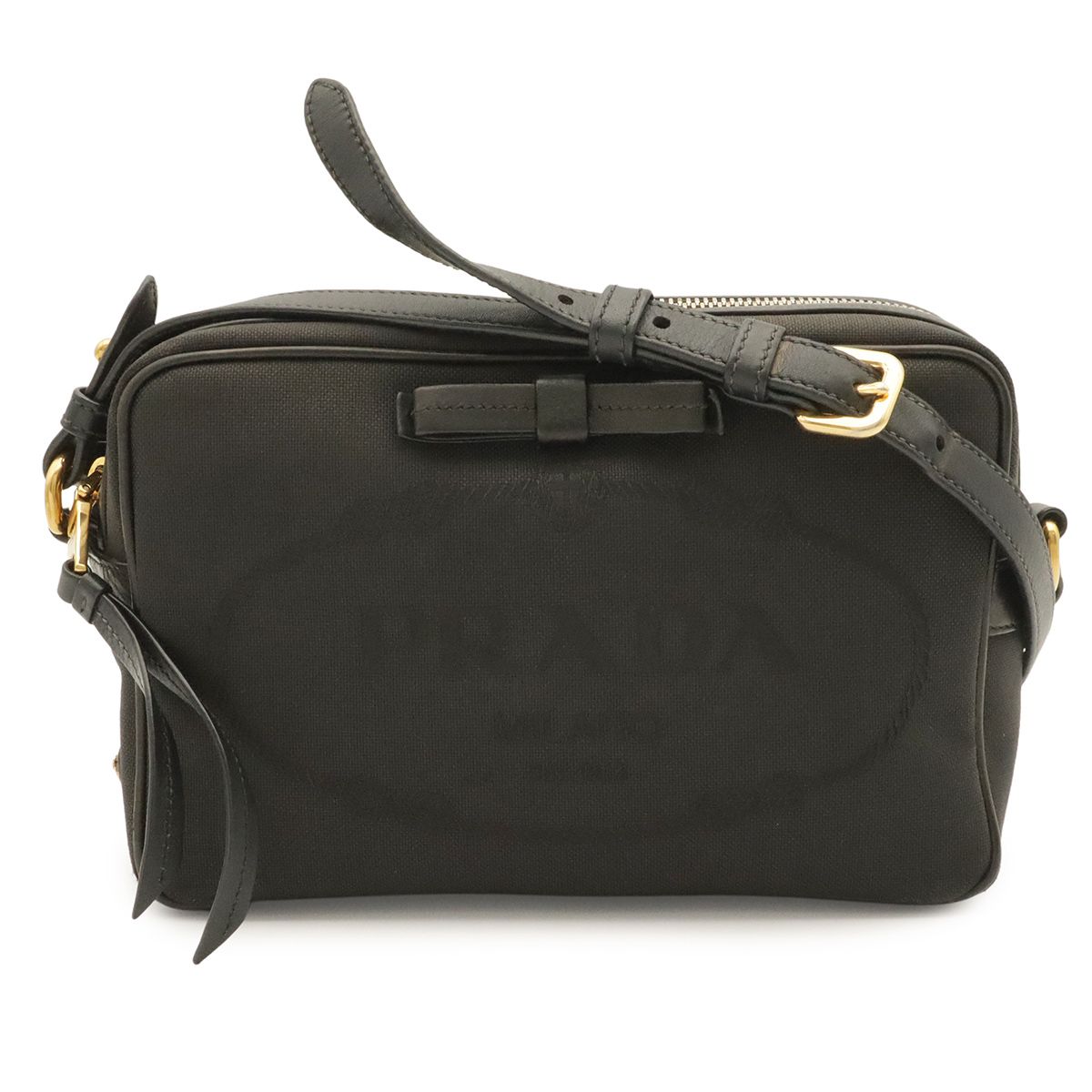 Prada Logo Jacquard Ribbon Shoulder Bag Pochette Crossbody Canvas Nero Black