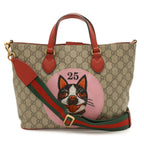 Gucci GG Supreme Bosco Patch Applique Dog Tote 2-Way Shoulder Bag Beige Red Pink