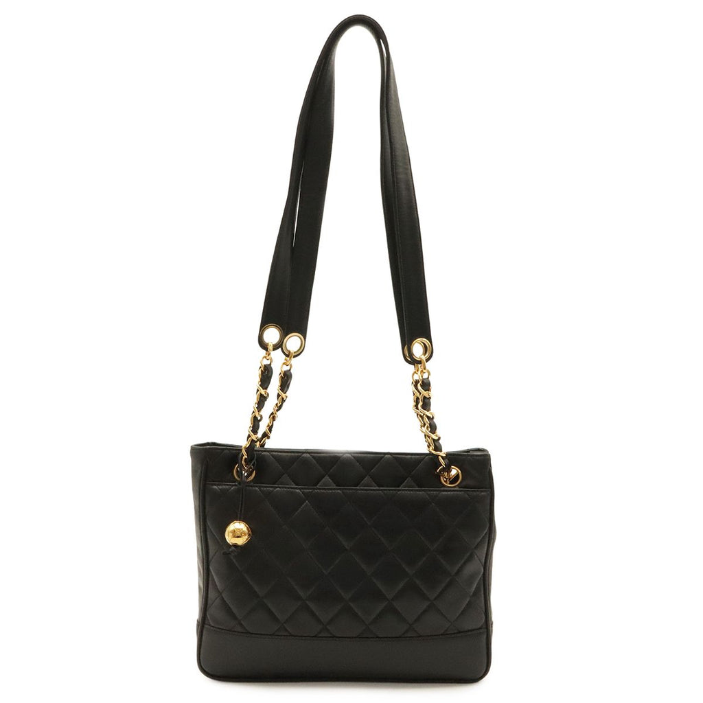 Chanel Quilted Coco Ball Chain Tote Shoulder Bag Lambskin Leather Black Gold