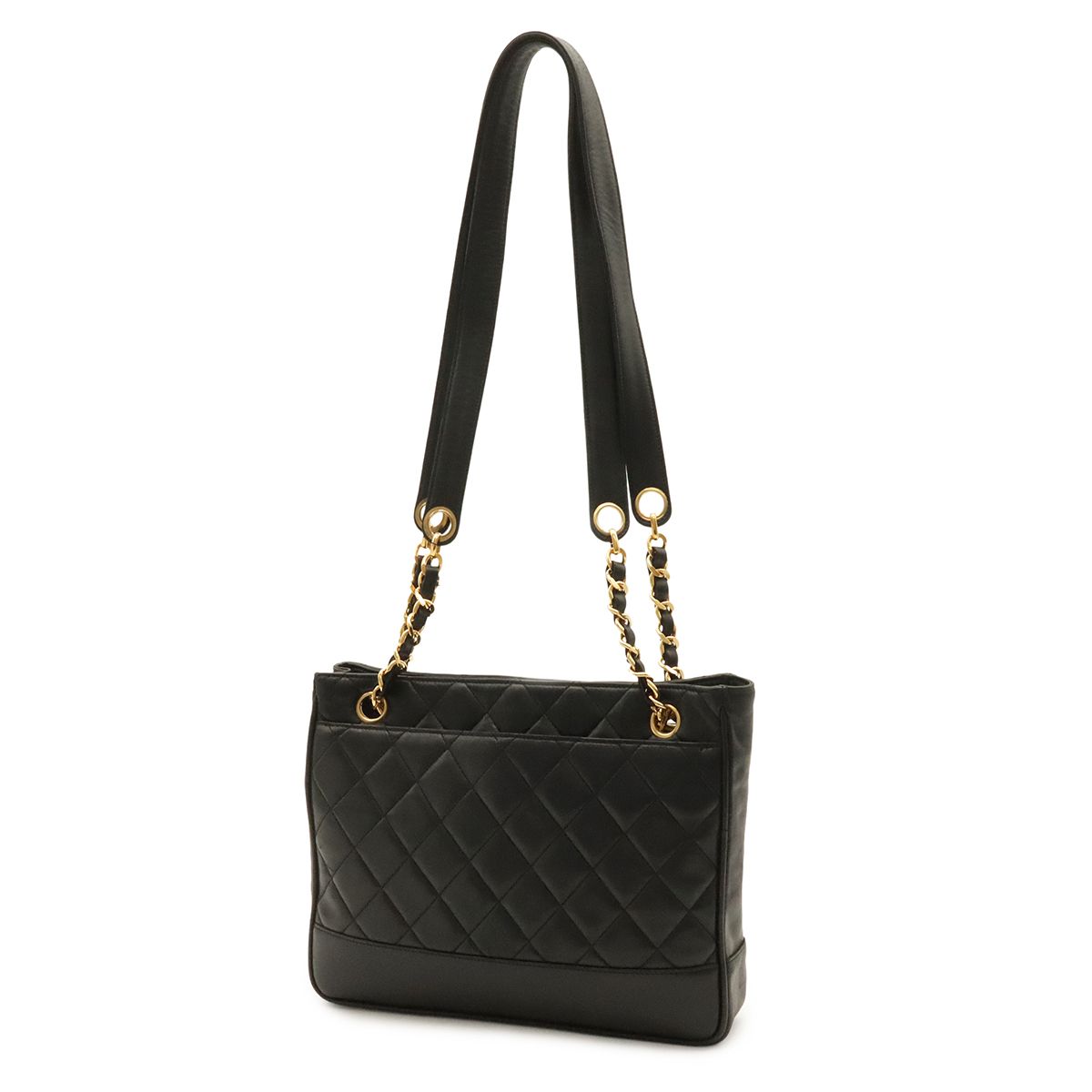 Chanel Quilted Coco Ball Chain Tote Shoulder Bag Lambskin Leather Black Gold — view 2