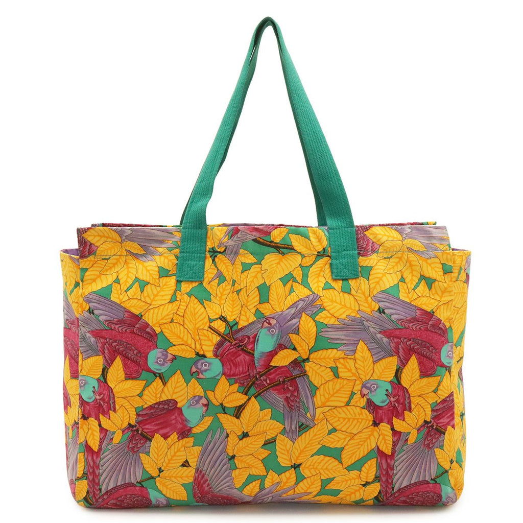 Hermes Tote Large Shoulder Bag Botanical Bird Print Canvas Yellow Green