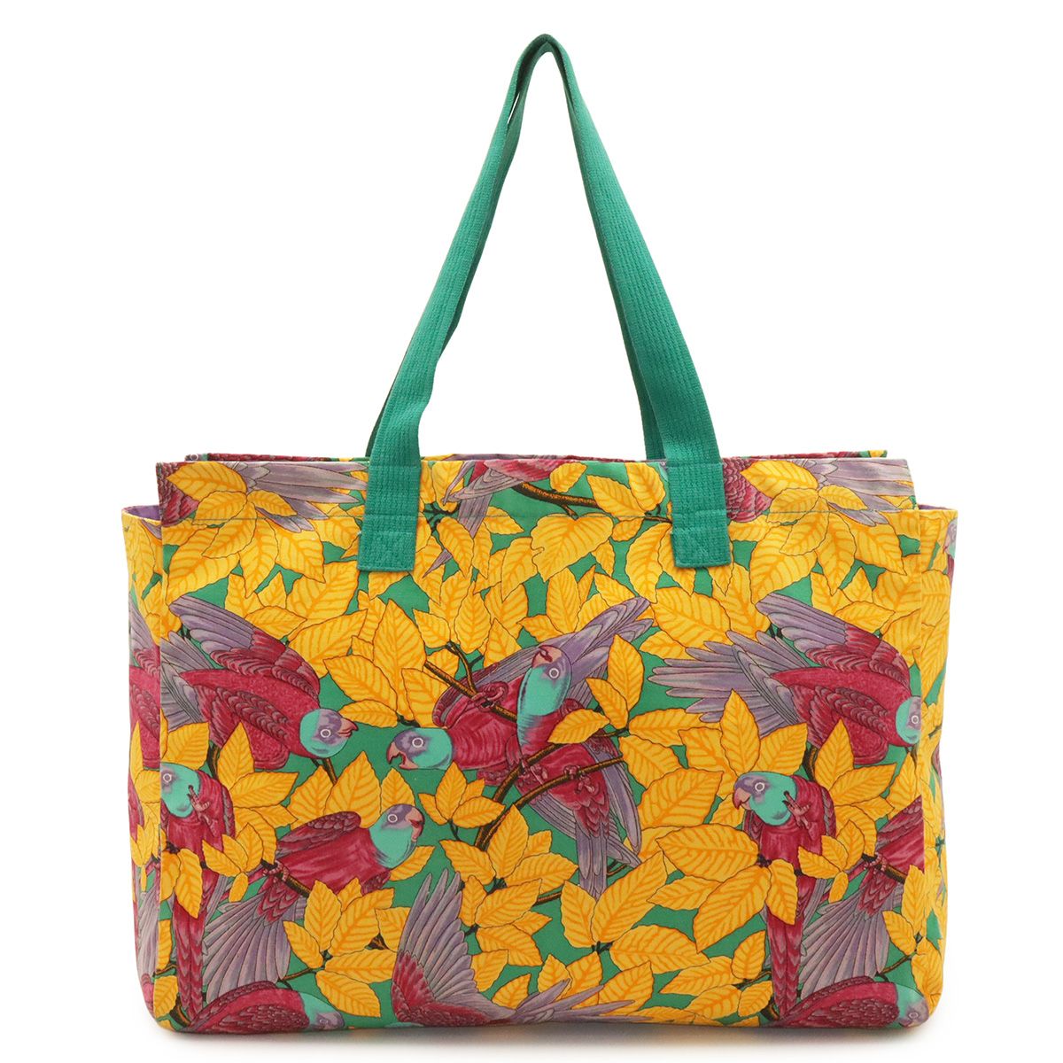 Hermes Tote Large Shoulder Bag Botanical Bird Print Canvas Yellow Green