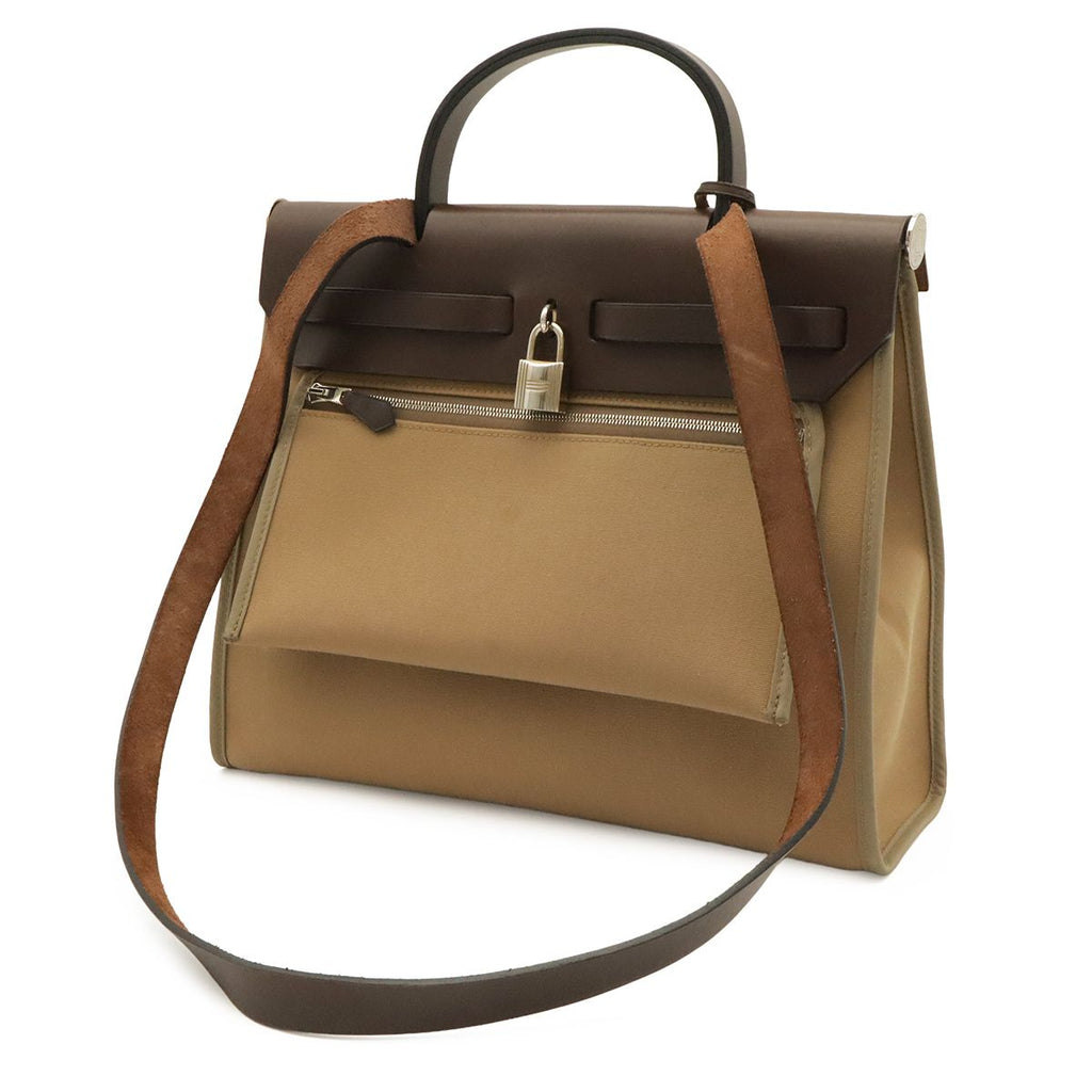 Hermes Herbag Zip PM 2-Way Shoulder Bag Toile Officier Khaki Beige Dark Brown — view 2