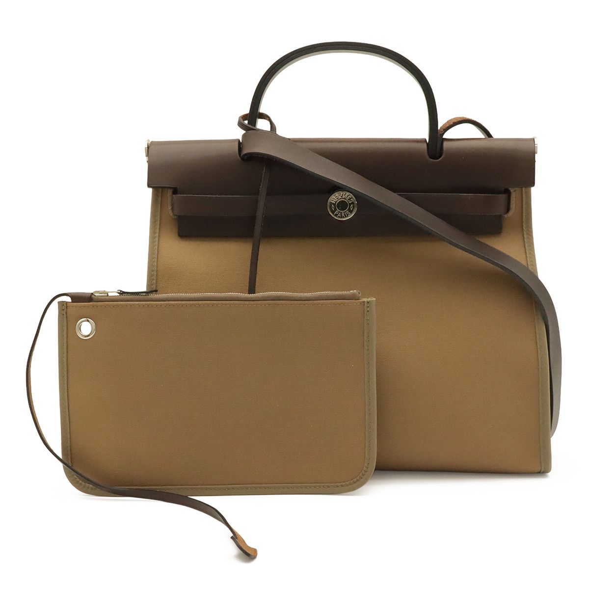 Hermes Herbag Zip PM 2-Way Shoulder Bag Toile Officier Khaki Beige Dark Brown