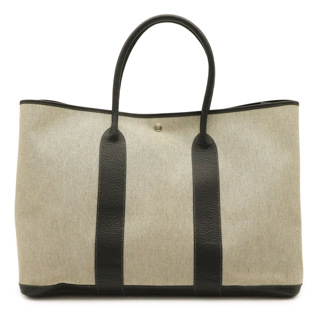 Hermes Garden Party TGM Tote Large Shoulder Bag Toile H Leather Gray Black