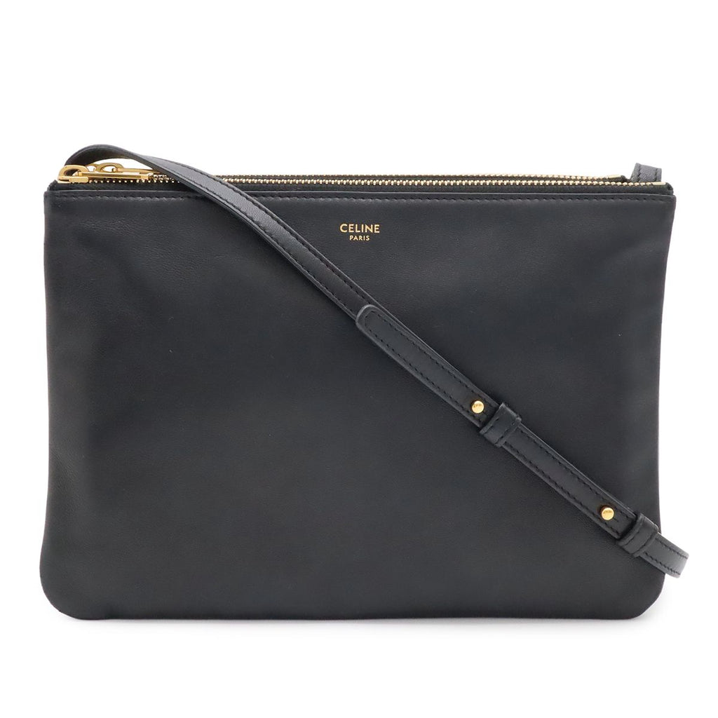 Celine Trio Large Shoulder Bag Pouch Pochette Crossbody Leather Black Gold