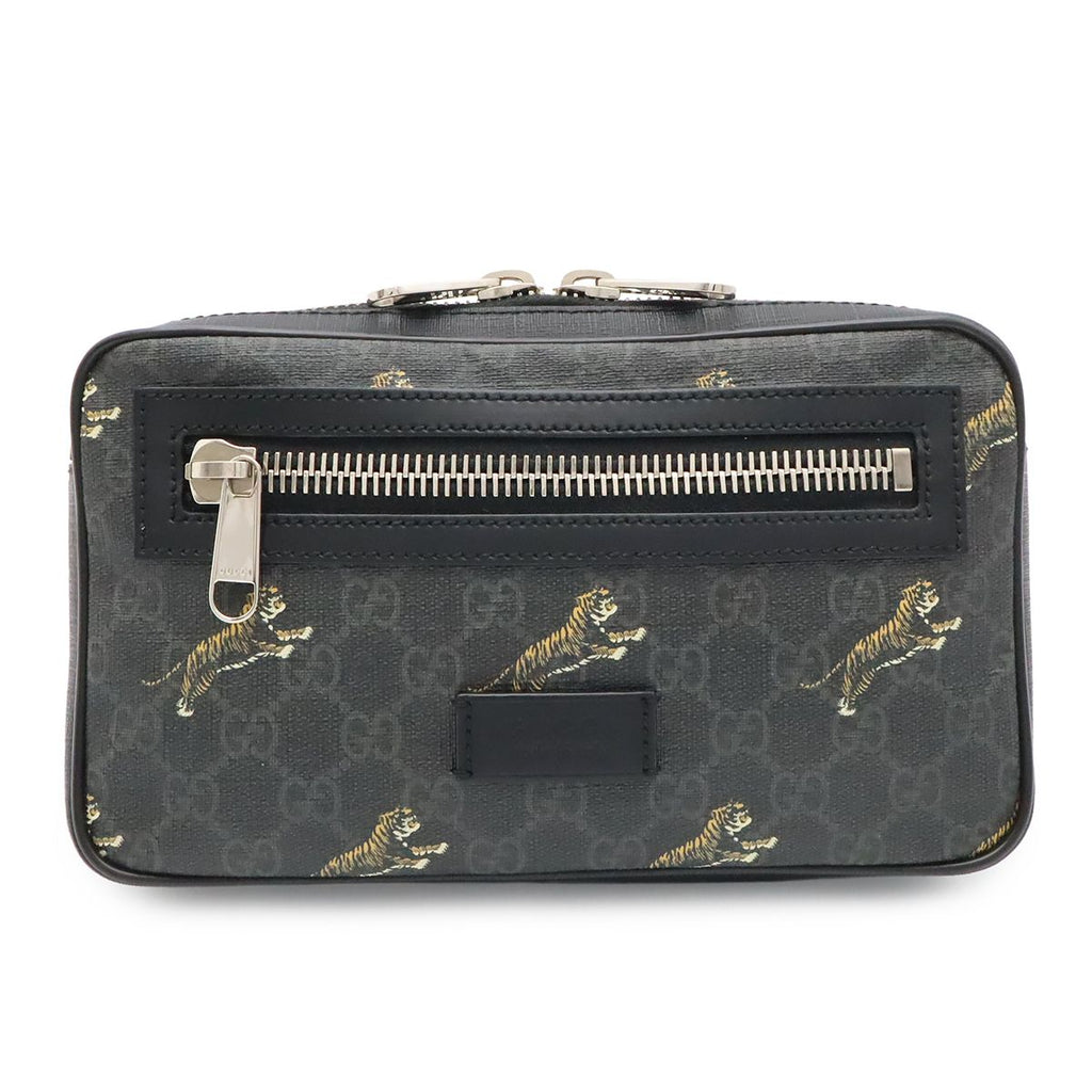 Gucci GG Supreme Web Line Tiger Waist Bag Leather Black Dark Gray