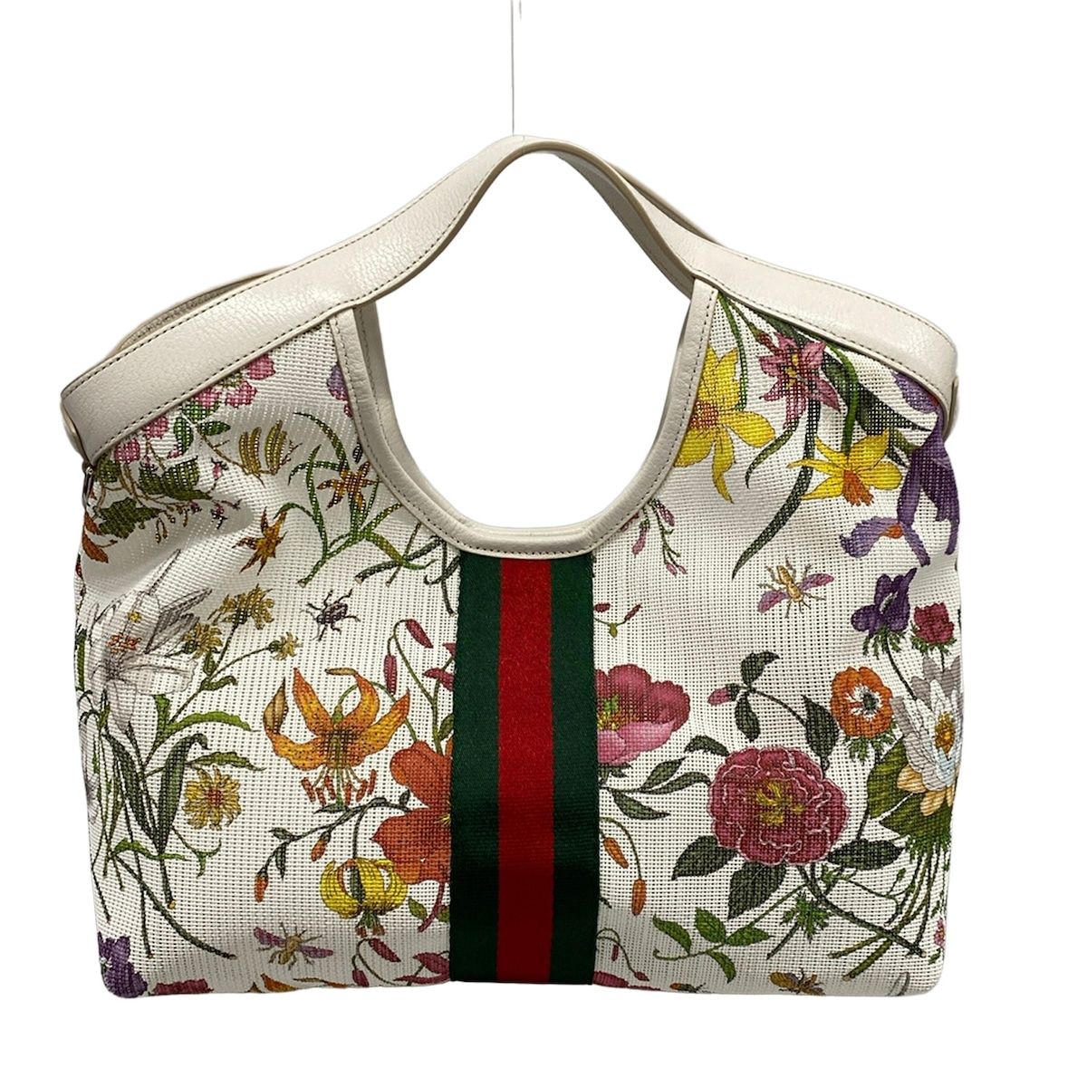 Gucci Tote Bag Giglio Small White &multicolor Mesh Flora Sherry Double G Leather — view 3