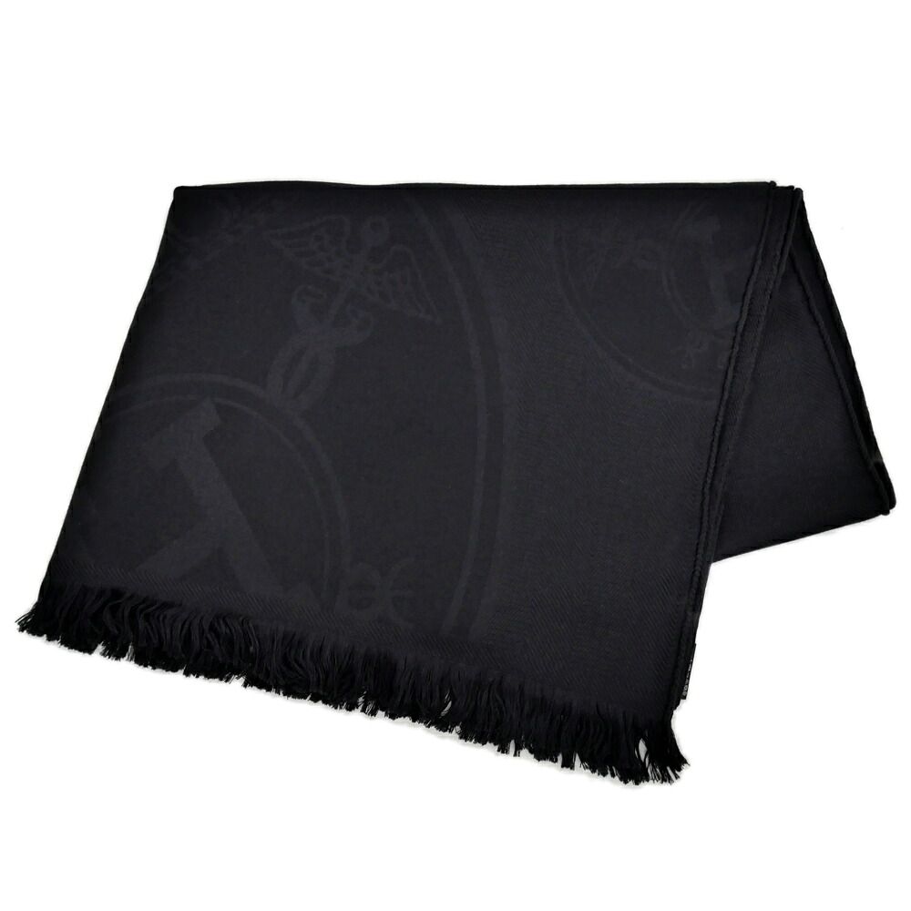 Hermes Shawl New Libris Black Cashmere Silk Scarf Fringe Jacquard