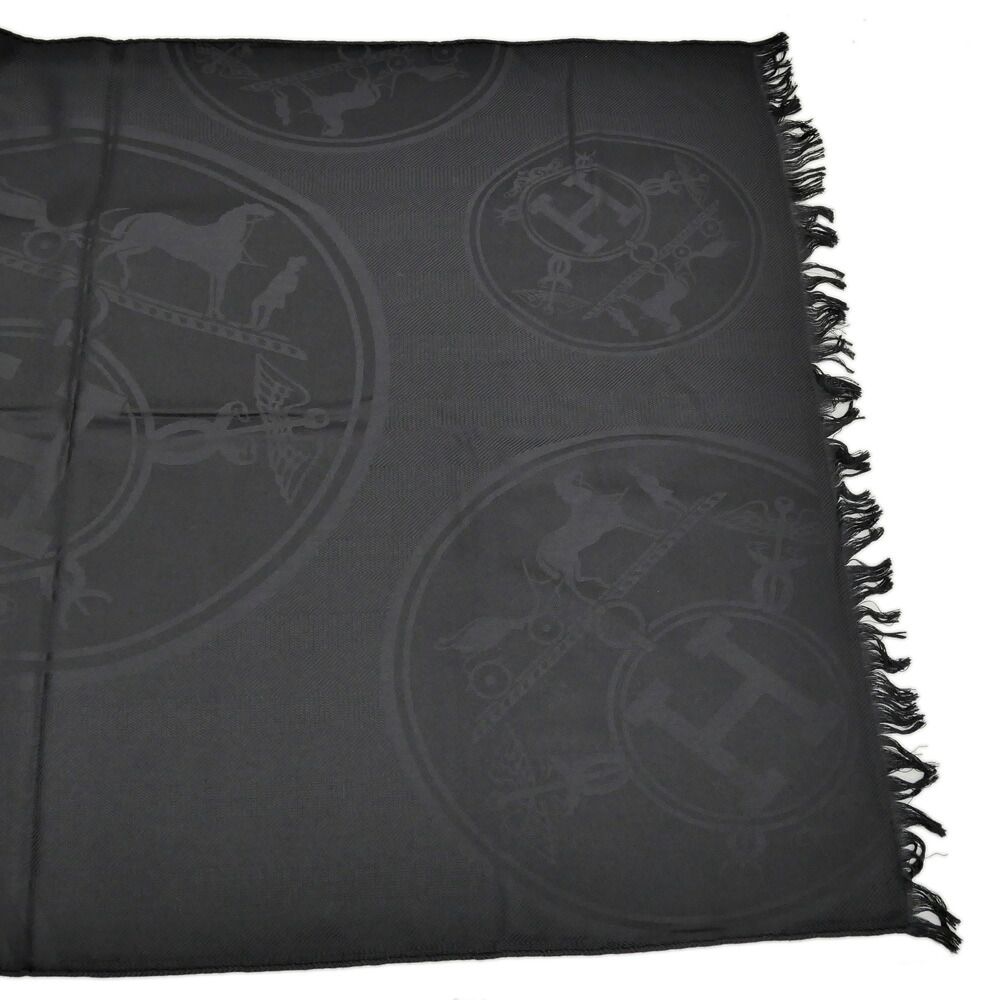 Hermes Shawl New Libris Black Cashmere Silk Scarf Fringe Jacquard — view 5