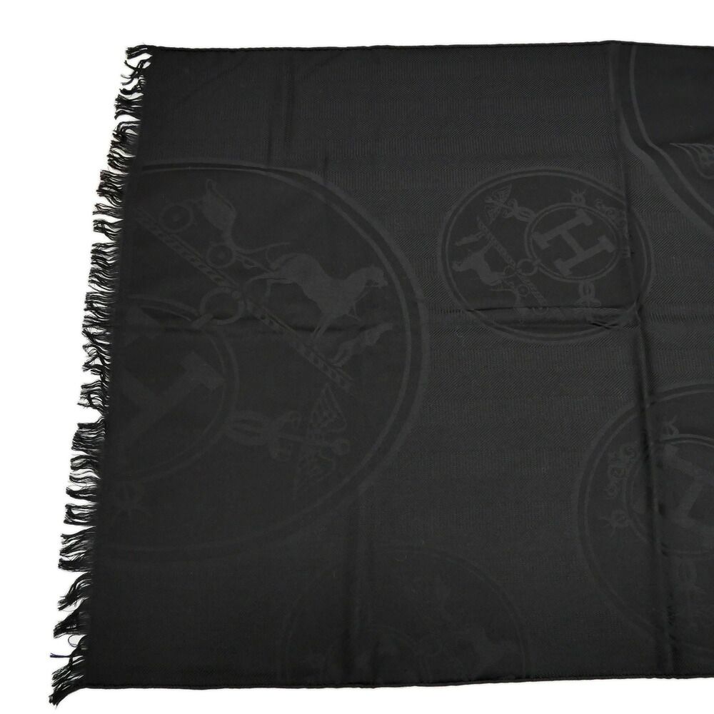 Hermes Shawl New Libris Black Cashmere Silk Scarf Fringe Jacquard — view 3