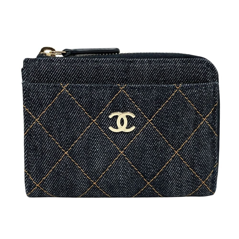 Chanel Denim Quilted Card Case Fragment Wallet CC Logo Gold Blue