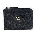 Chanel Denim Quilted Card Case Fragment Wallet CC Logo Gold Blue