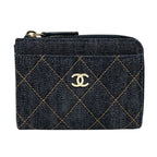 Chanel Denim Quilted Card Case Fragment Wallet CC Logo Gold Blue