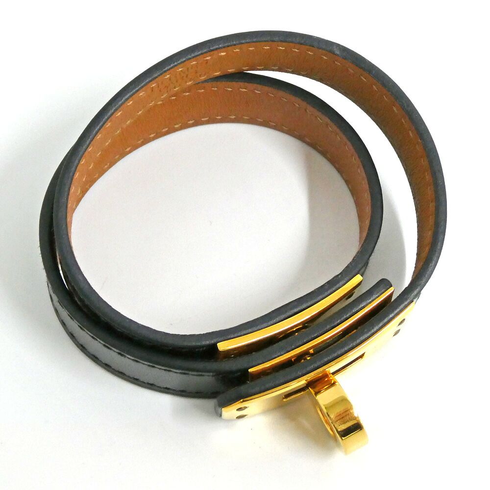 Hermes Leather Bracelet Kelly Double Tour Box Calf Black Gold T2 — view 3