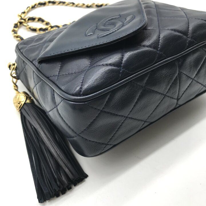 Chanel CC Logo Quilted Lambskin Leather Fringe Chain Shoulder Bag Navy — view 6