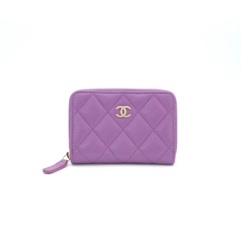 Chanel Wallet Coin Purse Purple Gold CC Logo Quilted Classic Zip Card Case
