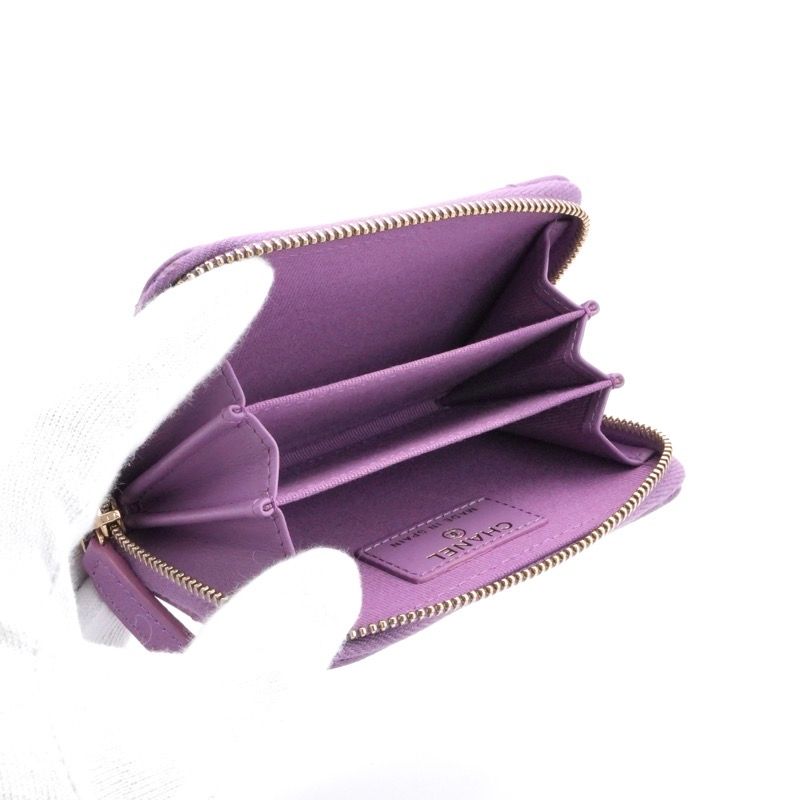 Chanel Wallet Coin Purse Purple Gold CC Logo Quilted Classic Zip Card Case — view 6