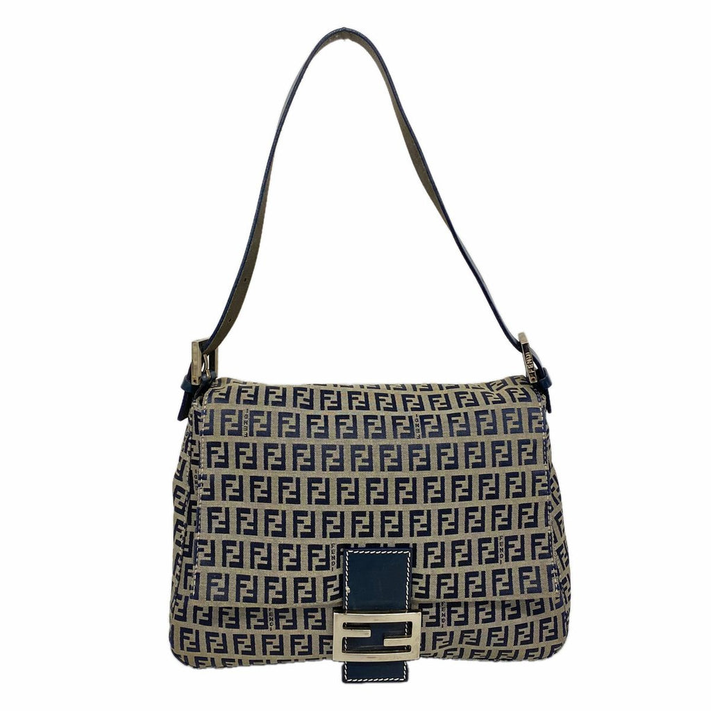 Fendi Handbag Zucchino Mamma Bucket Nylon Canvas Navy Silver