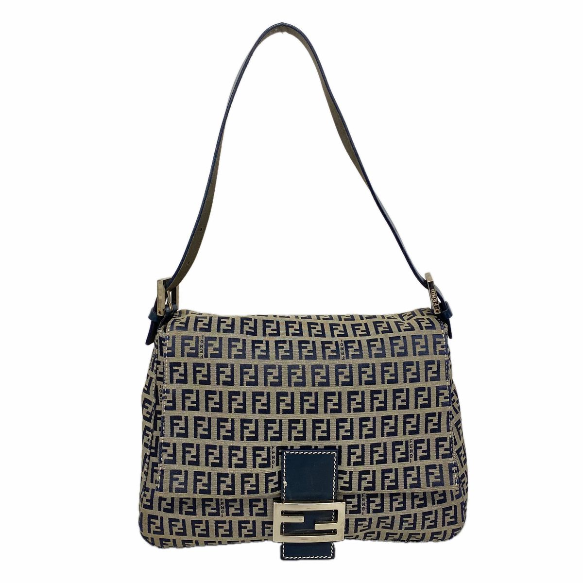 Fendi Handbag Zucchino Mamma Bucket Nylon Canvas Navy Silver