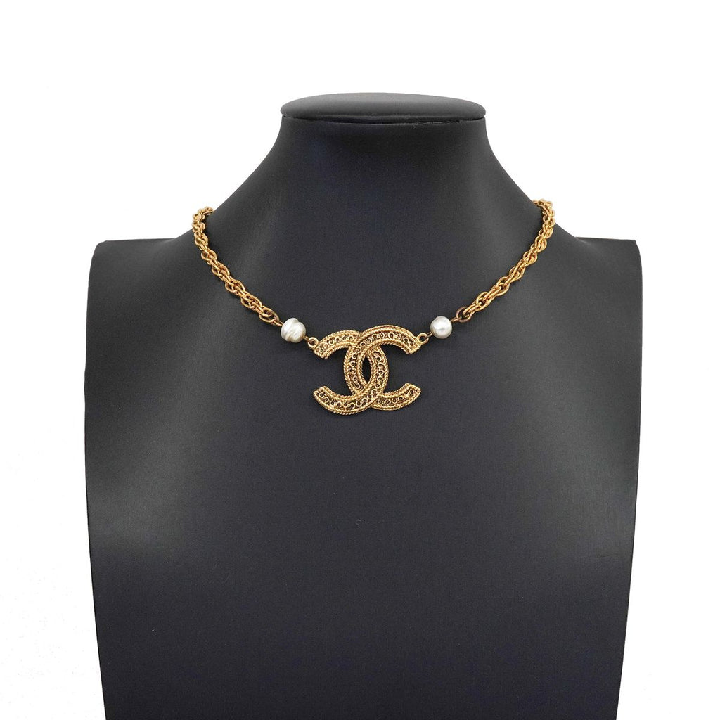 Chanel Necklace Vintage CC Logo Gold Plated Faux Pearl — view 7