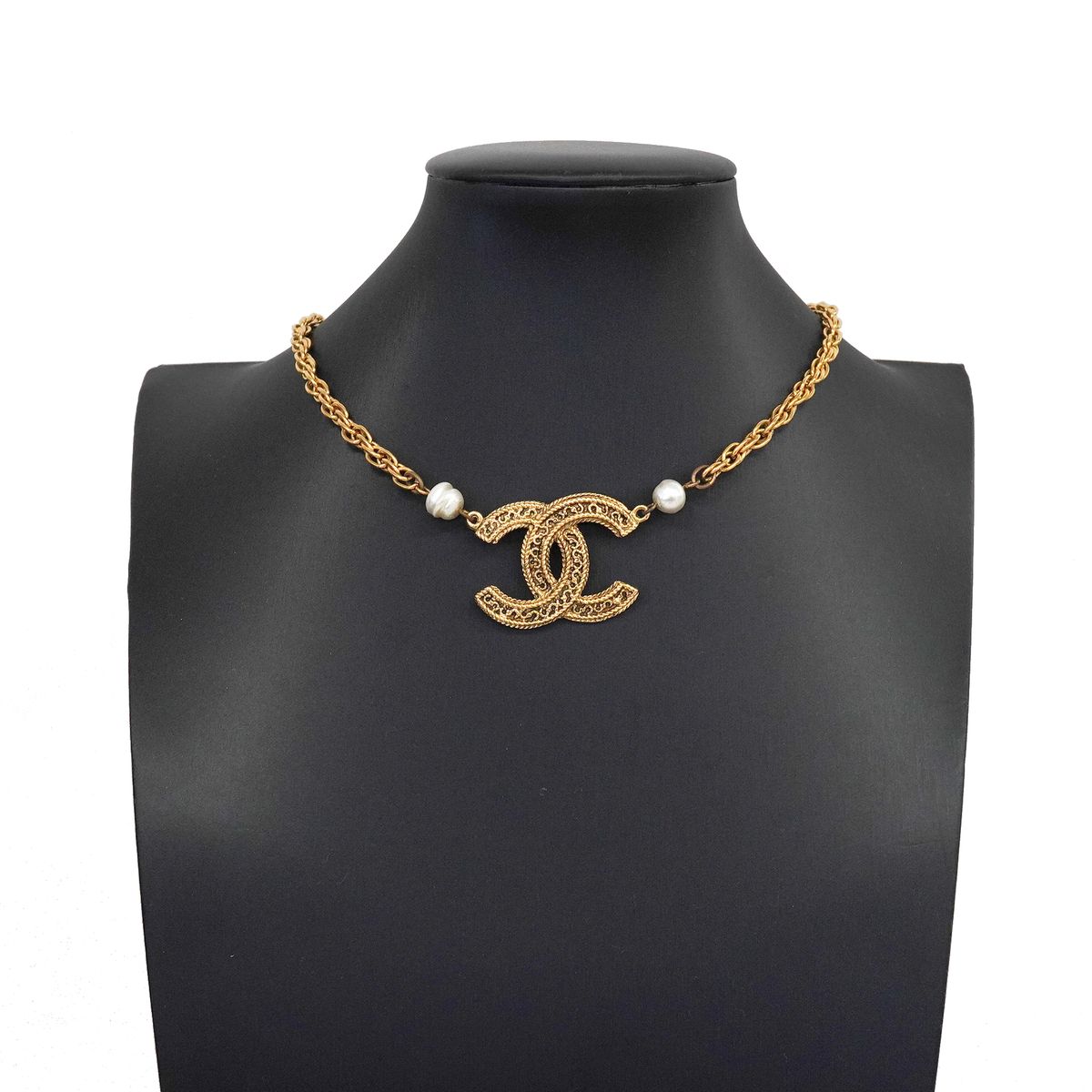 Chanel Necklace Vintage CC Logo Gold Plated Faux Pearl — view 7