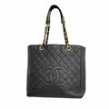 Chanel Chain Tote Bag Quilted Caviar Leather Black Gold