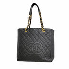 Chanel Chain Tote Bag Quilted Caviar Leather Black Gold