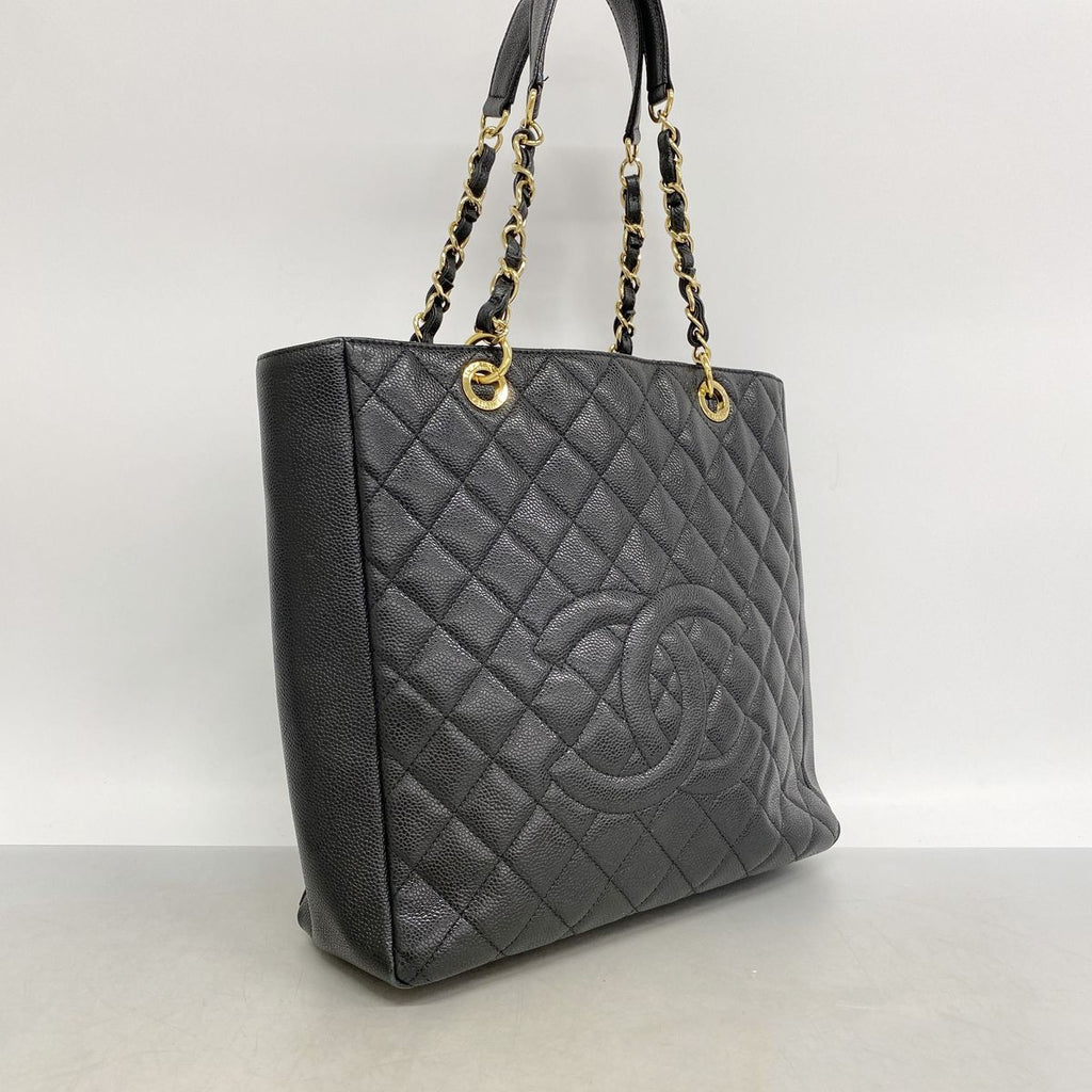 Chanel Chain Tote Bag Quilted Caviar Leather Black Gold — view 2