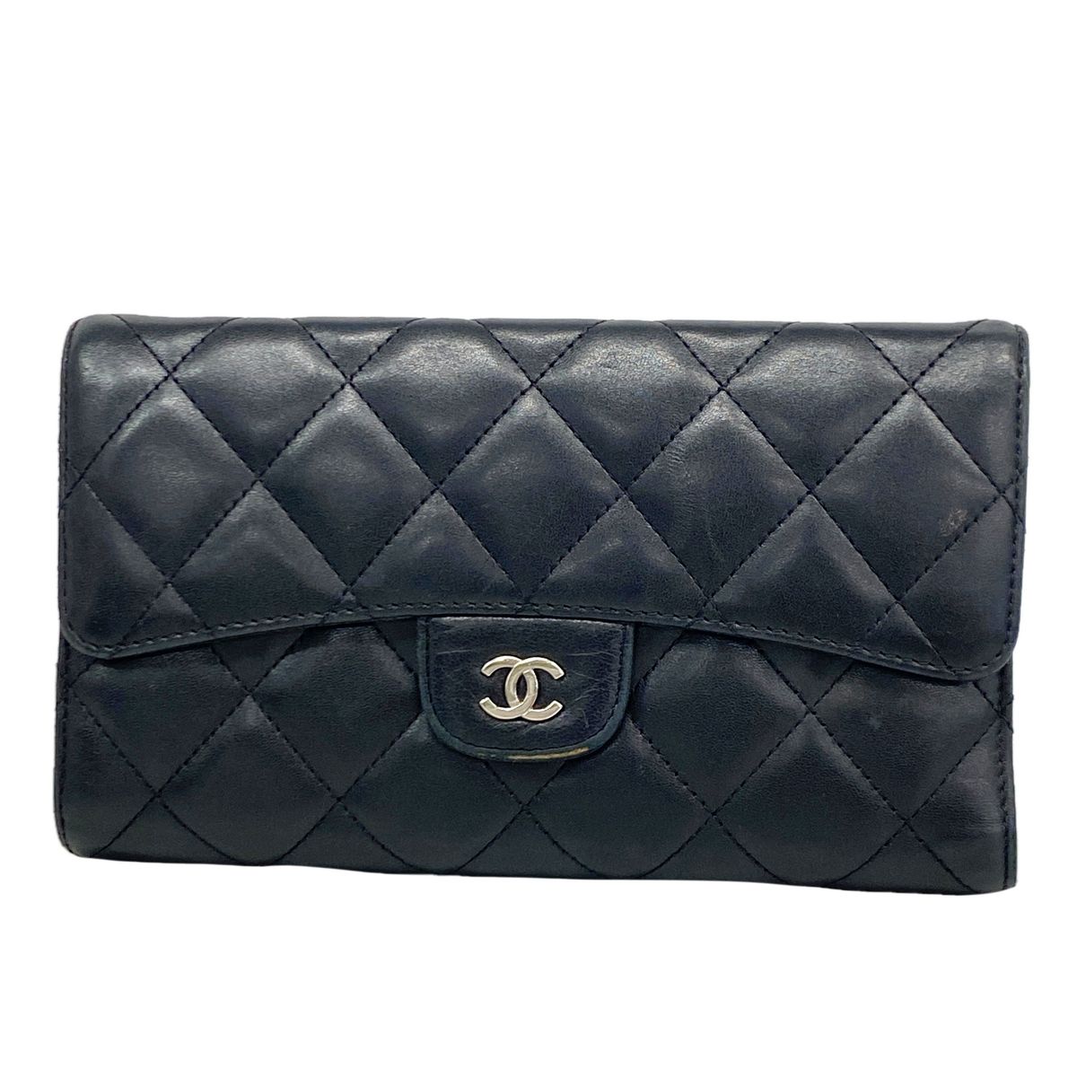 Chanel Trifold Wallet Quilted Lambskin Black Silver