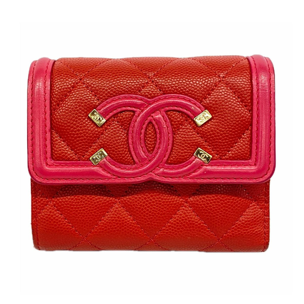 Chanel Trifold Wallet CC Filigree Caviar Leather Red Gold