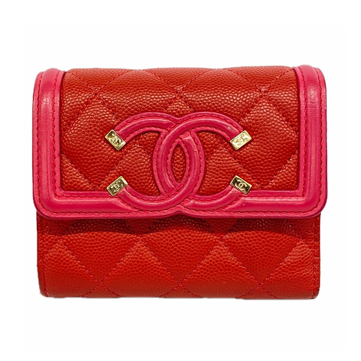 Chanel Trifold Wallet CC Filigree Caviar Leather Red Gold