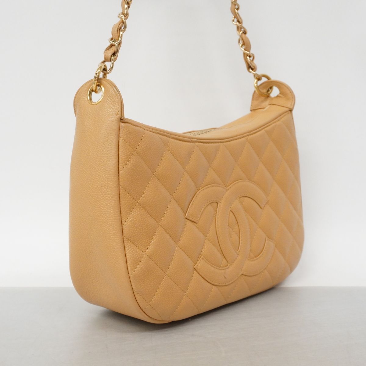 Chanel Shoulder Bag Quilted Caviar Leather Beige Champagne Gold — view 2