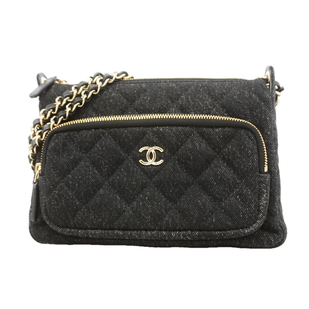 Chanel Shoulder Bag Quilted Denim Black Champagne Gold